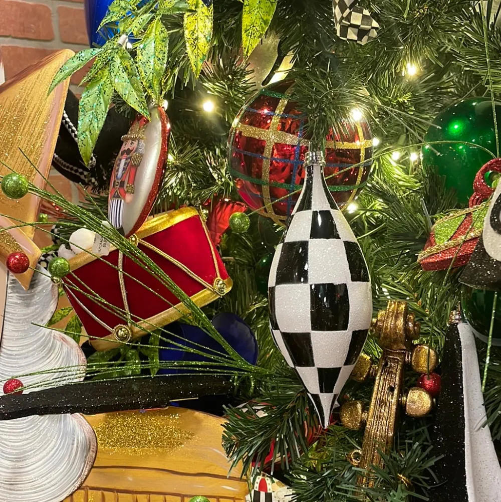 Farrisilk Black and White Checkered Drop Ornament, 8"