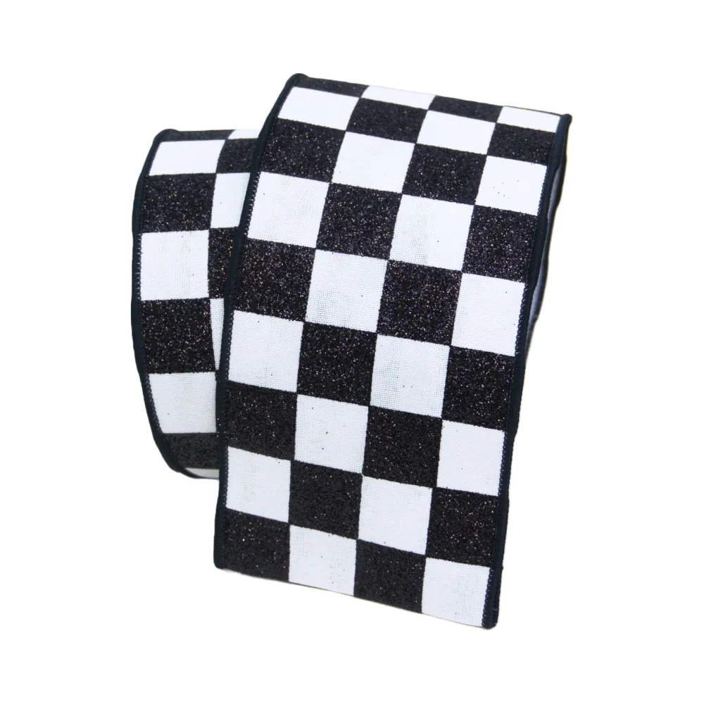 Farrisilk Black and White Glitter Check Ribbon, 4" X 10YD