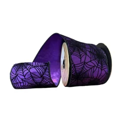 D. Stevens Black Glitter Spider Web on Purple Ribbon, 4" x 10YD