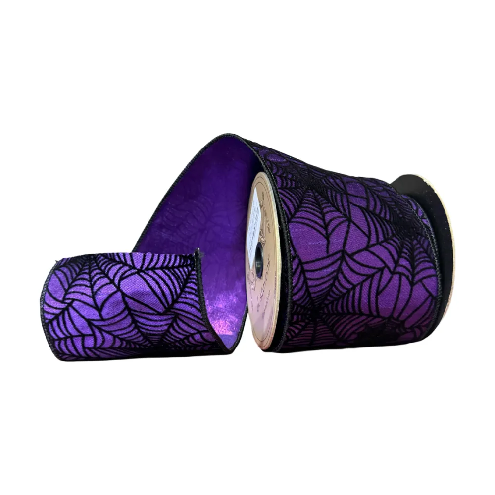 D. Stevens Black Glitter Spider Web on Purple Ribbon, 4" x 10YD