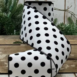 D. Stevens Black Polka Dot on White Ribbon, 4” X 10YD
