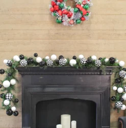 Farrisilk Black & White Check Ball Garland, 10'