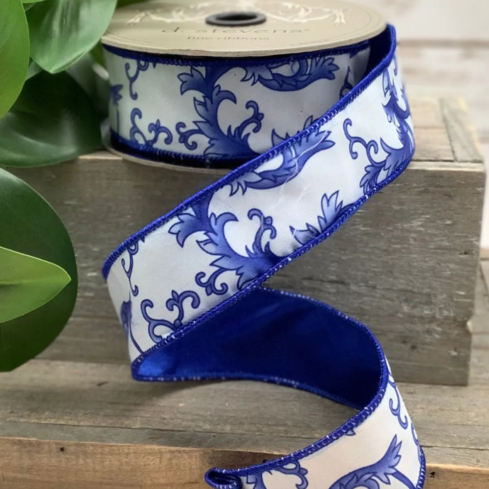 D. Stevens Blue Chinoiserie Ribbon, 1.5" x 10YD