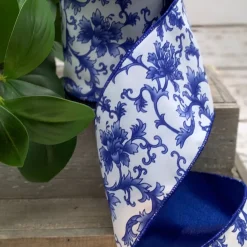 D. Stevens Blue Chinoiserie Ribbon, 4" X 10YD