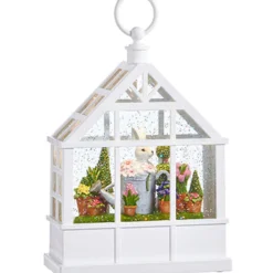 RAZ Bunny in Watering Can Lighted Water White Greenhouse