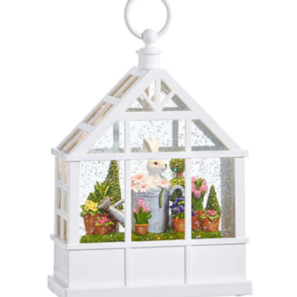 RAZ Bunny in Watering Can Lighted Water White Greenhouse