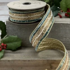 D. Stevens Celadon Pearl Trim Ribbon, 1.5” X 5YD