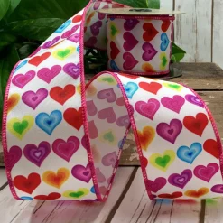 D. Stevens Colorful Hearts on White Ribbon with Pink Edge, 1.5“ x 10YD