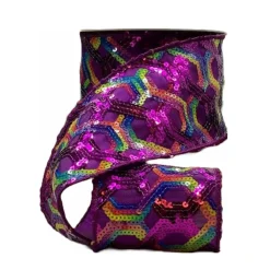 D. Stevens Colorful Sequins on Purple Sheer Ribbon, 4“ X 10YD