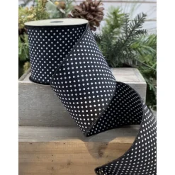 D. Stevens Dual Sided White Polka Dot on Black Ribbon, 4” X 10YD