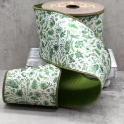 D. Stevens Dupion Green Floral Rabbit Ribbon, 4" x 10YD