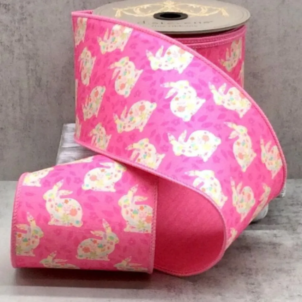 D. Stevens Dupion Pink Easter Floral Rabbit Ribbon, 4" x 10YD