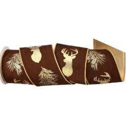Regency Faux Suede Deer and Pinecone Ribbon, 4" X 5YD