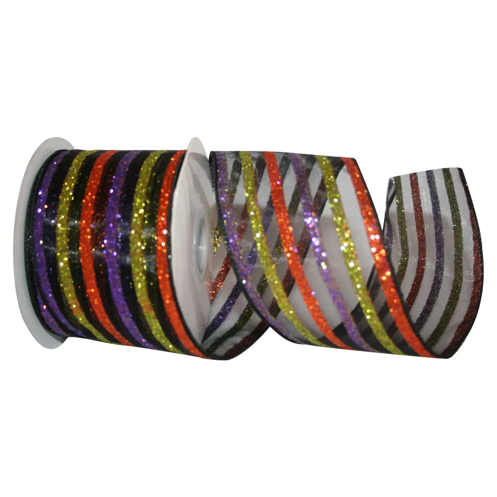 Reliant Ribbon Glittered Sheer Stripe Wired Edge Ribbon, 2.5" x 10YD