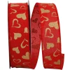 Reliant Ribbon Gold Heart on Red Linen Ribbon, 1.5" x 25YD