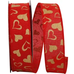 Reliant Ribbon Gold Heart on Red Linen Ribbon, 1.5" x 25YD