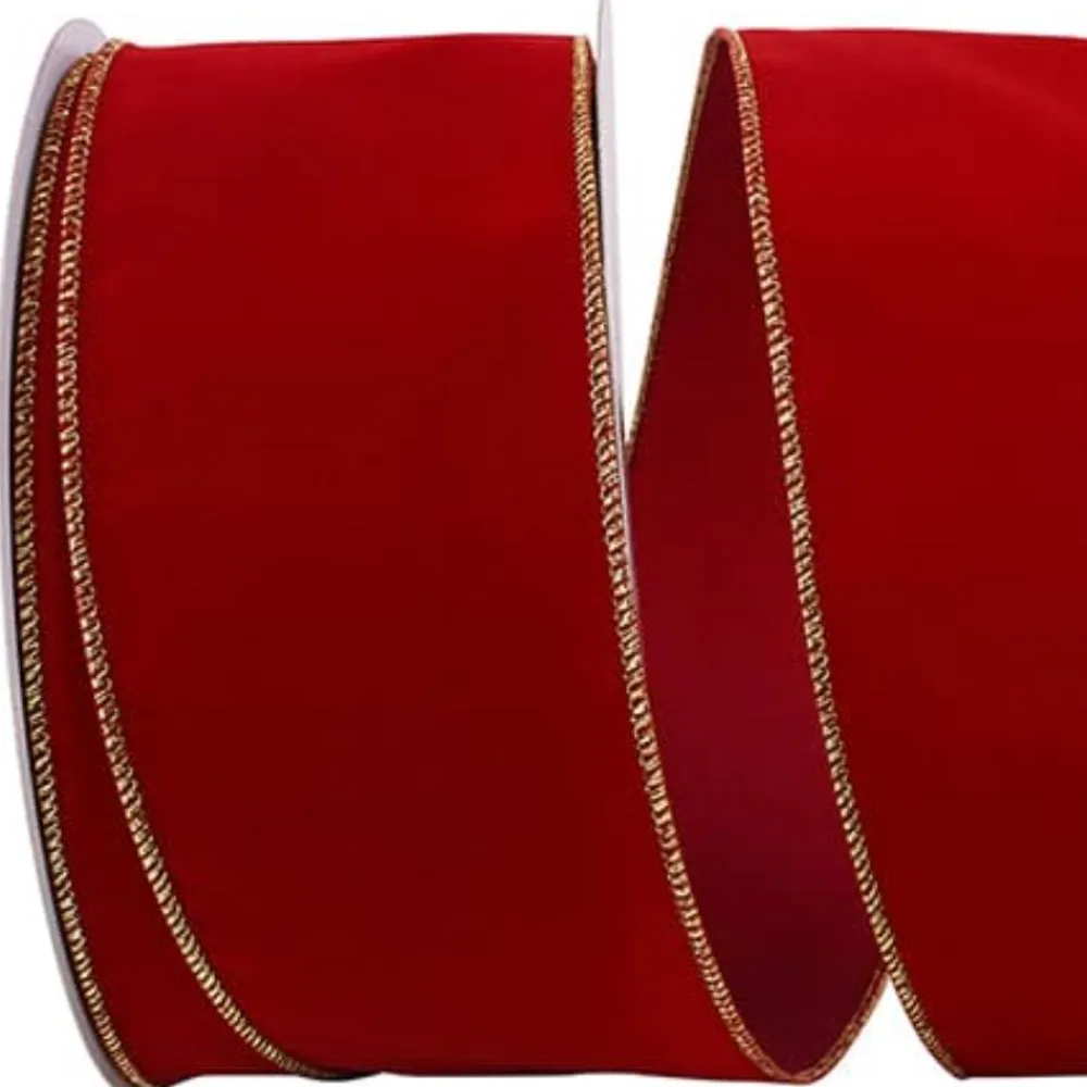Reliant Ribbon Gold Trimmed Scarlet Velvet Ribbon, 4" X 50YD