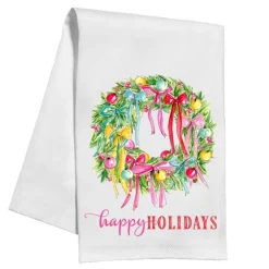 RosanneBeck Collections Happy Holidays Wreath Ornaments and Bows Kitchen Towel