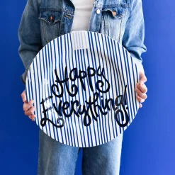 Happy Everything Indigo Skinny Stripe Big Round Platter by !