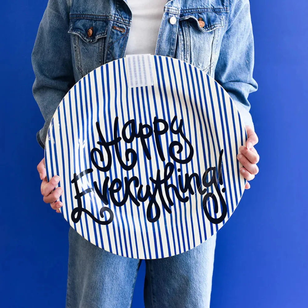 Happy Everything Indigo Skinny Stripe Big Round Platter by !