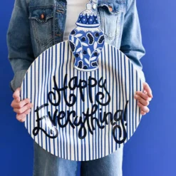 Happy Everything Indigo Skinny Stripe Big Round Platter by !