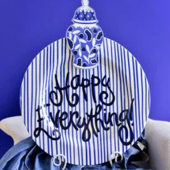 Happy Everything Indigo Skinny Stripe Big Round Platter by !