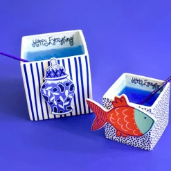 Happy Everything Indigo Skinny Stripe Medium Nesting Cube by !