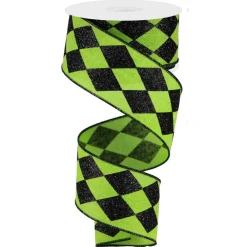 Craig Bachman Lime & Black Harlequin Check Ribbon, 2" X 10YD