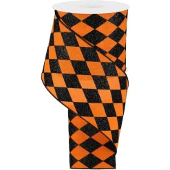 Craig Bachman Orange Glitter Harlequin Check Ribbon, 4" X 10YD
