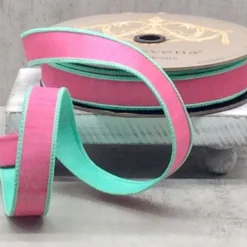 D. Stevens Pink and Aqua Double Sided Dupion Ribbon, 1" x 25YD