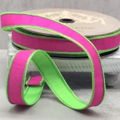 D. Stevens Pink and Green Double Sided Dupion Ribbon, 1" x 25YD