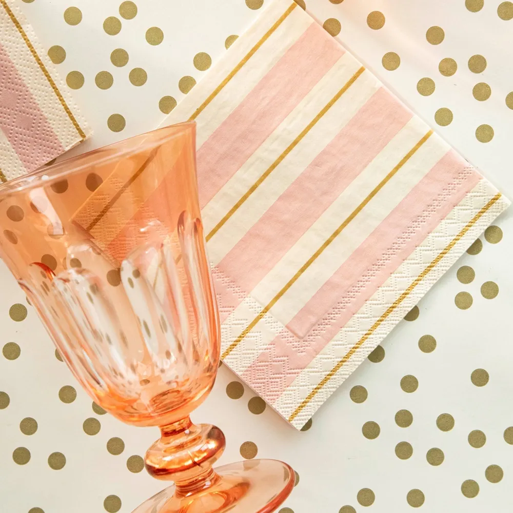 Hester & Cook Pink & Gold Awning Stripe Cocktail Napkin Set