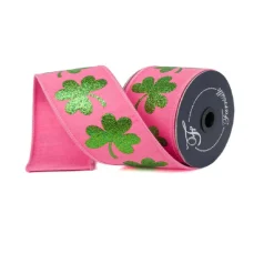 Farrisilk Pink Sparkling Shamrocks Ribbon, 2.5" X 10YD