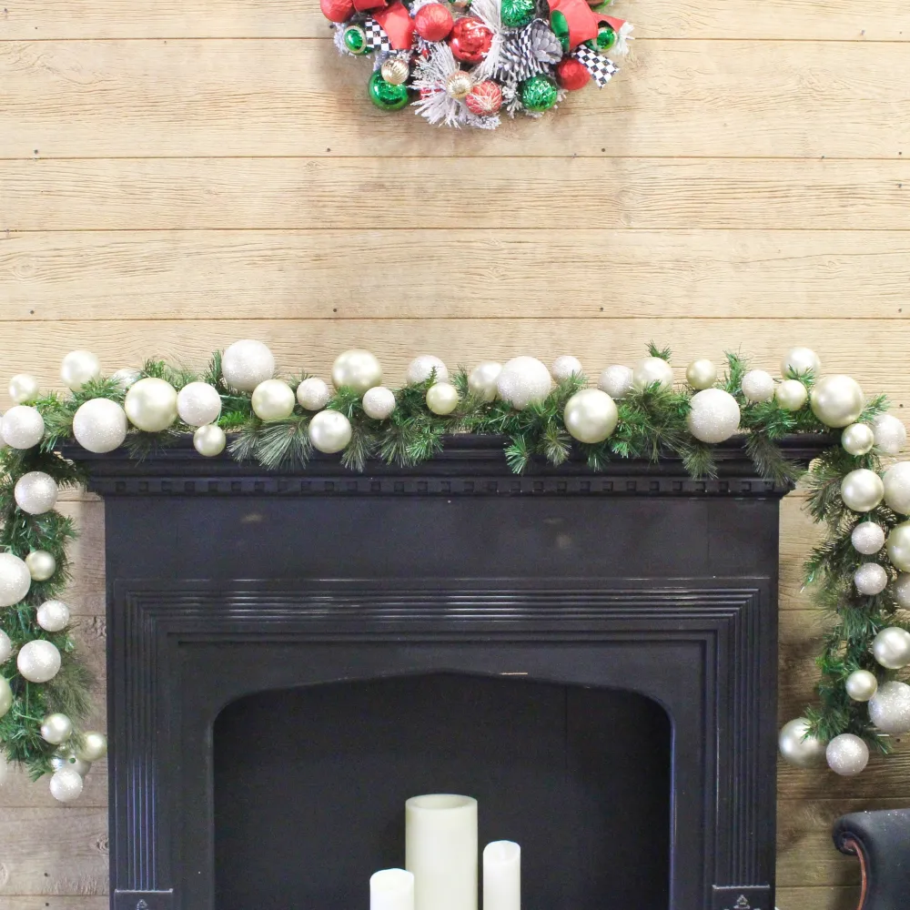 Farrisilk Platinum Glitter and Candy Apple Ball Garland, 10'