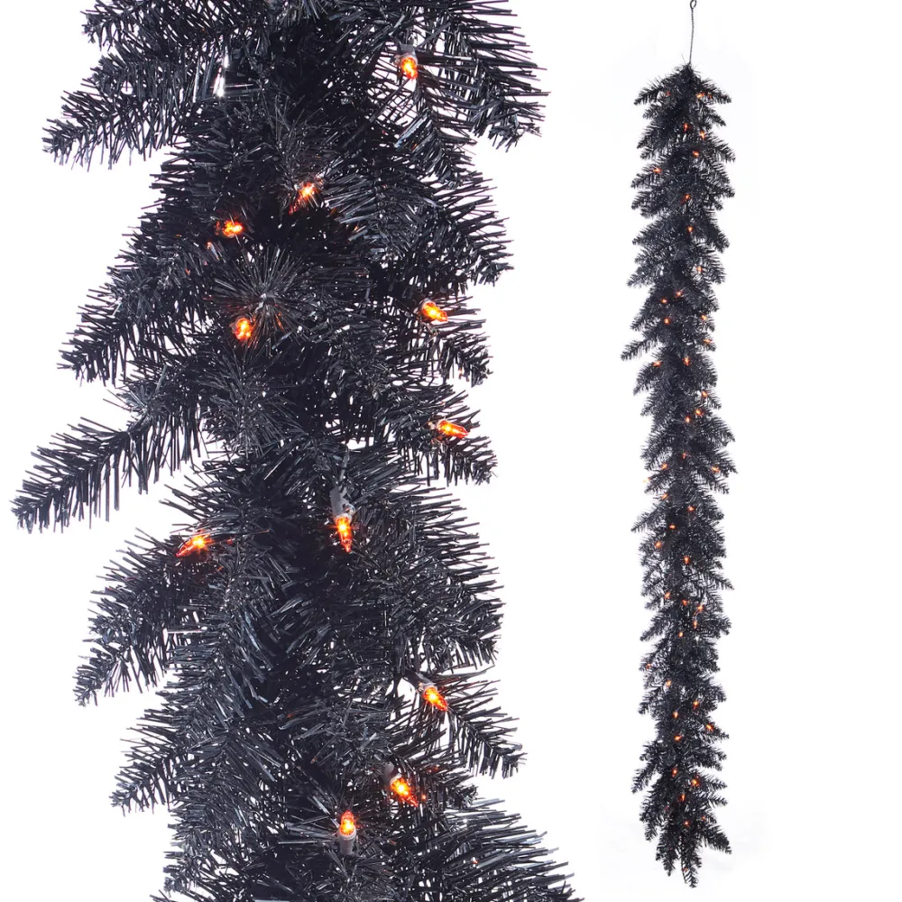 RAZ Pre-Lit Black Tinsel Garland, 6'