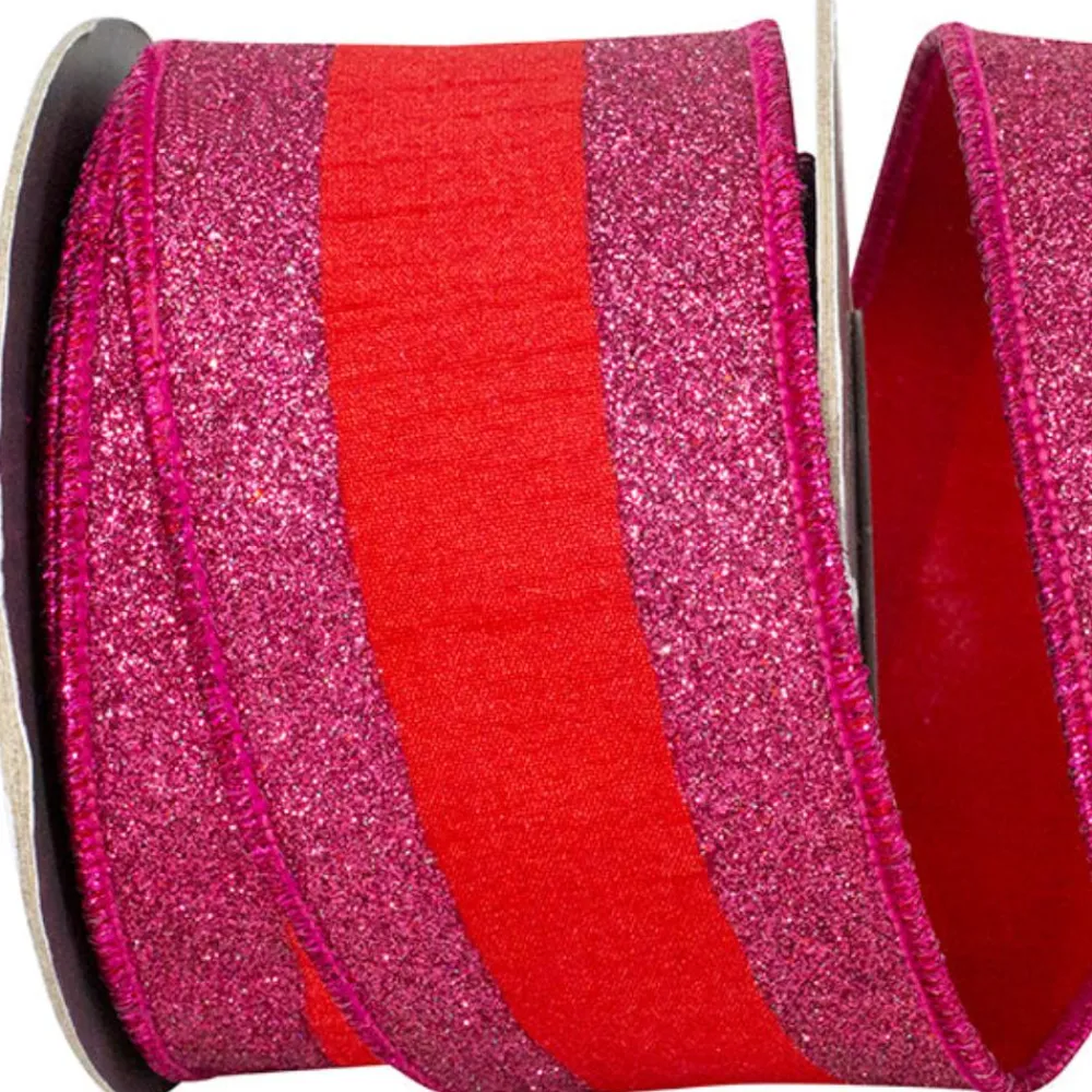 Reliant Ribbon Red and Fuchsia Striped Dupioni Ribbon, 2.5" X 5YD