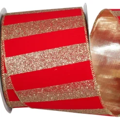 Reliant Ribbon Red and Gold Glitter Stripes Velvet Ribbon, 4" X 10YD