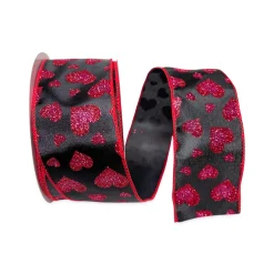 Reliant Ribbon Red and Pink Glitter Hearts on Black Ribbon - 2.5"X10YD