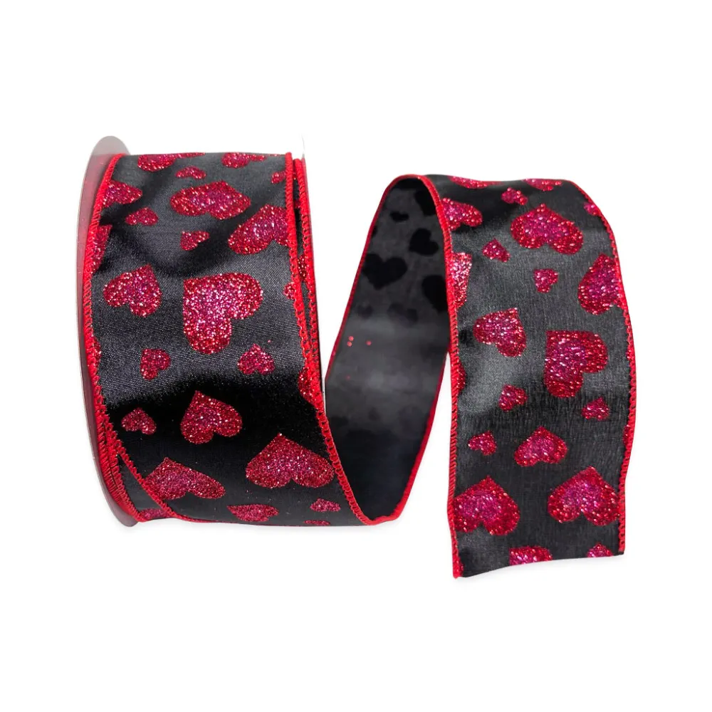 Reliant Ribbon Red and Pink Glitter Hearts on Black Ribbon - 2.5"X10YD