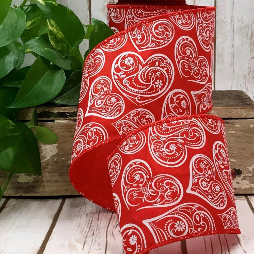 D. Stevens Red and White Bandana Heart Ribbon 4” x 10yds