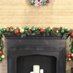 Farrisilk Red, Gold & Emerald Green Ball Garland, 10'