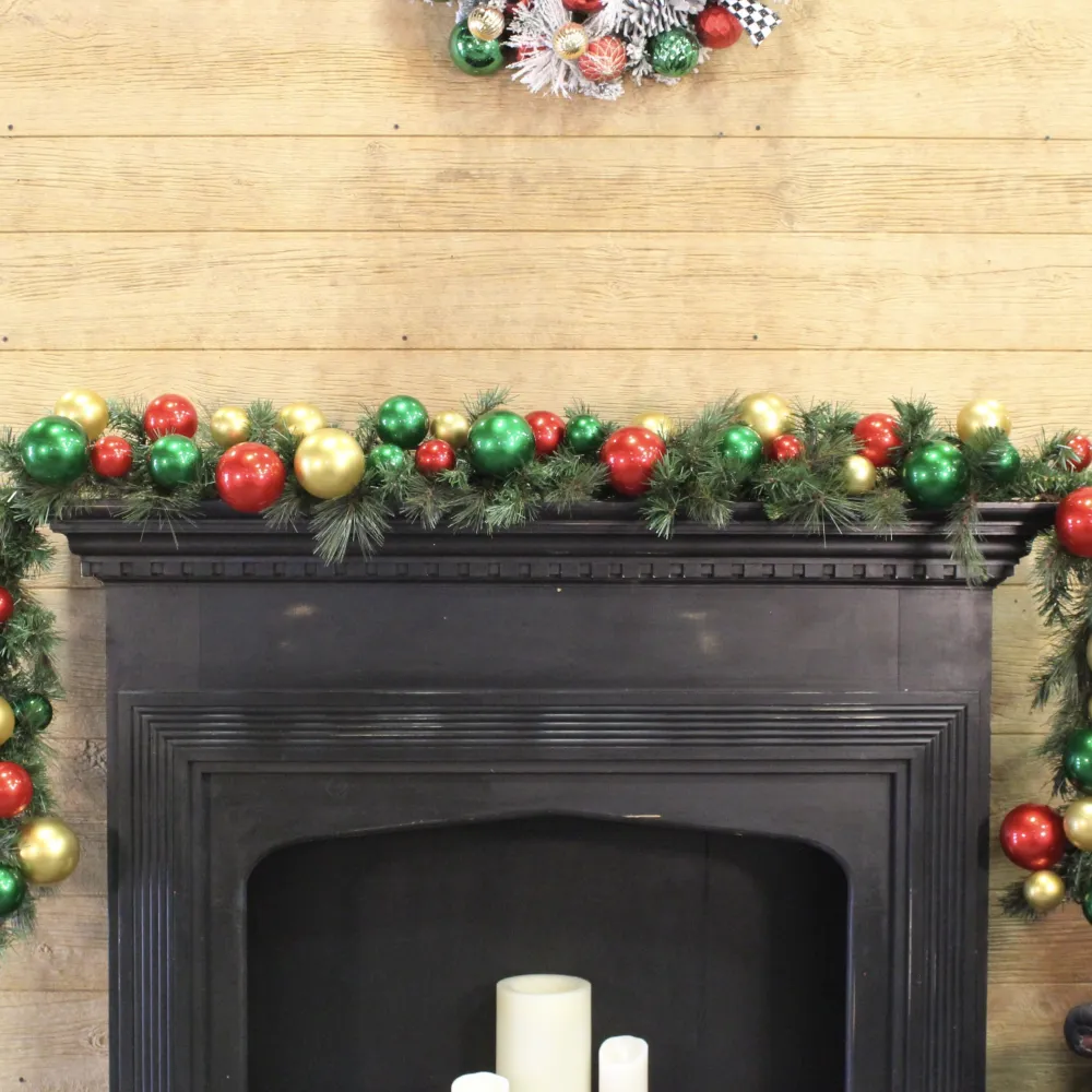 Farrisilk Red, Gold & Emerald Green Ball Garland, 10'