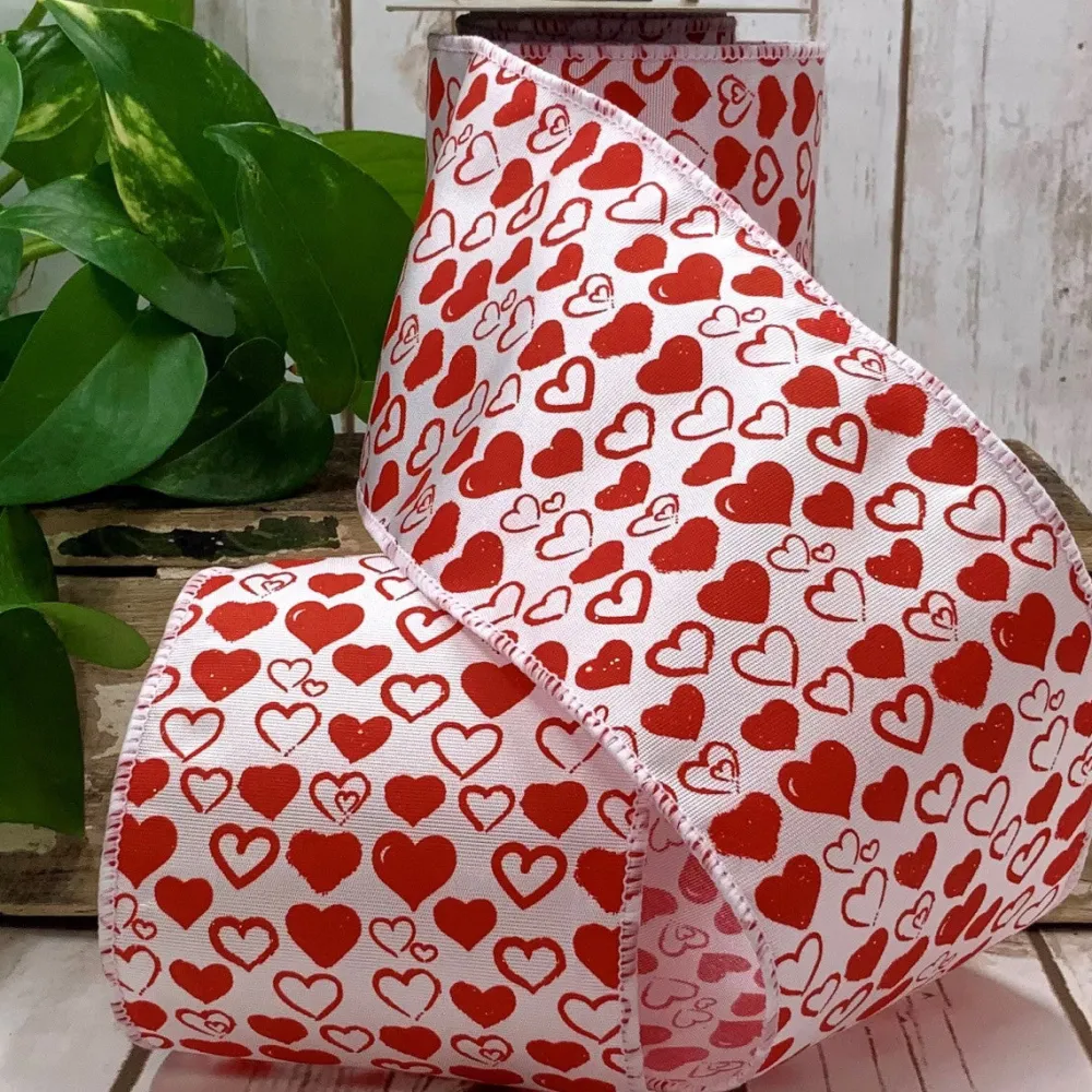 D. Stevens Red Heart Doodles on White Ribbon, 4“ x 10YD