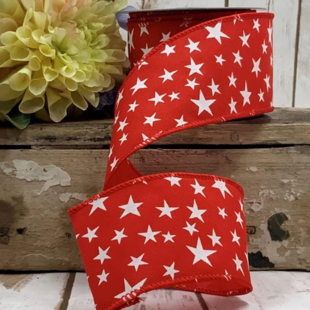 D. Stevens Red Linen Stars Ribbon, 2.5" X 10YD