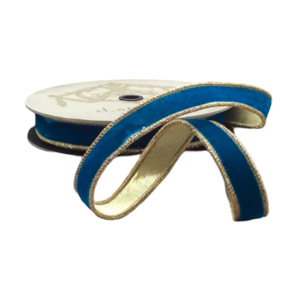 D. Stevens Teal Blue Velvet Gold Trim Ribbon, 1”x 10YD