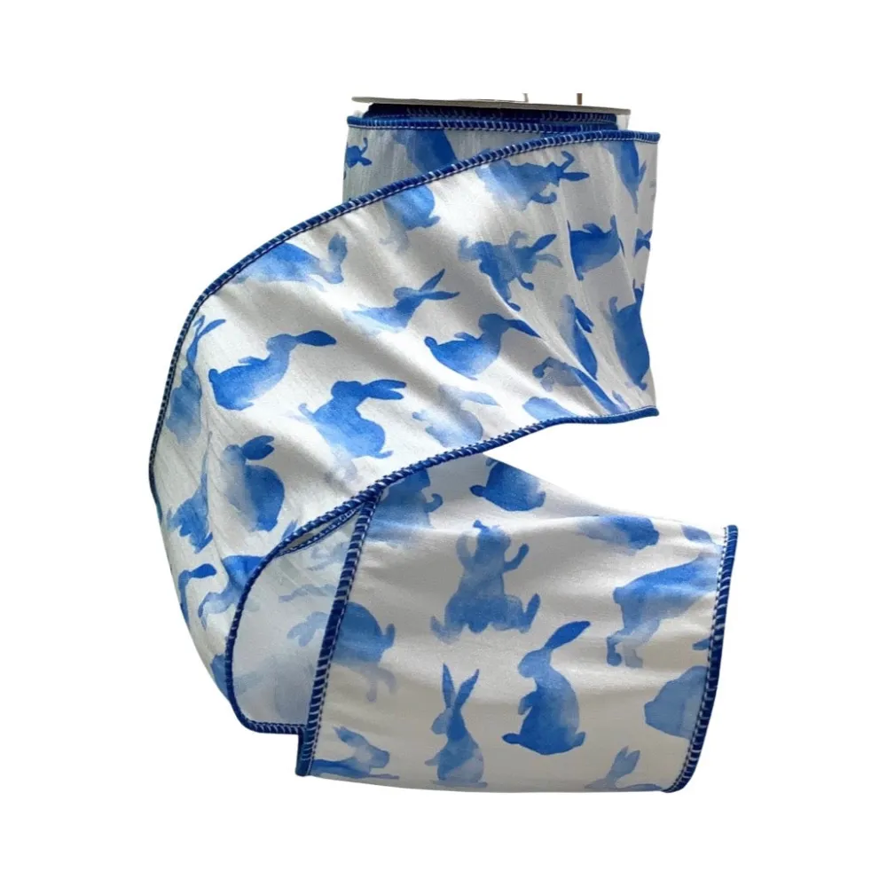 D. Stevens Watercolor Blue Rabbit Ribbon, 4”x10YD