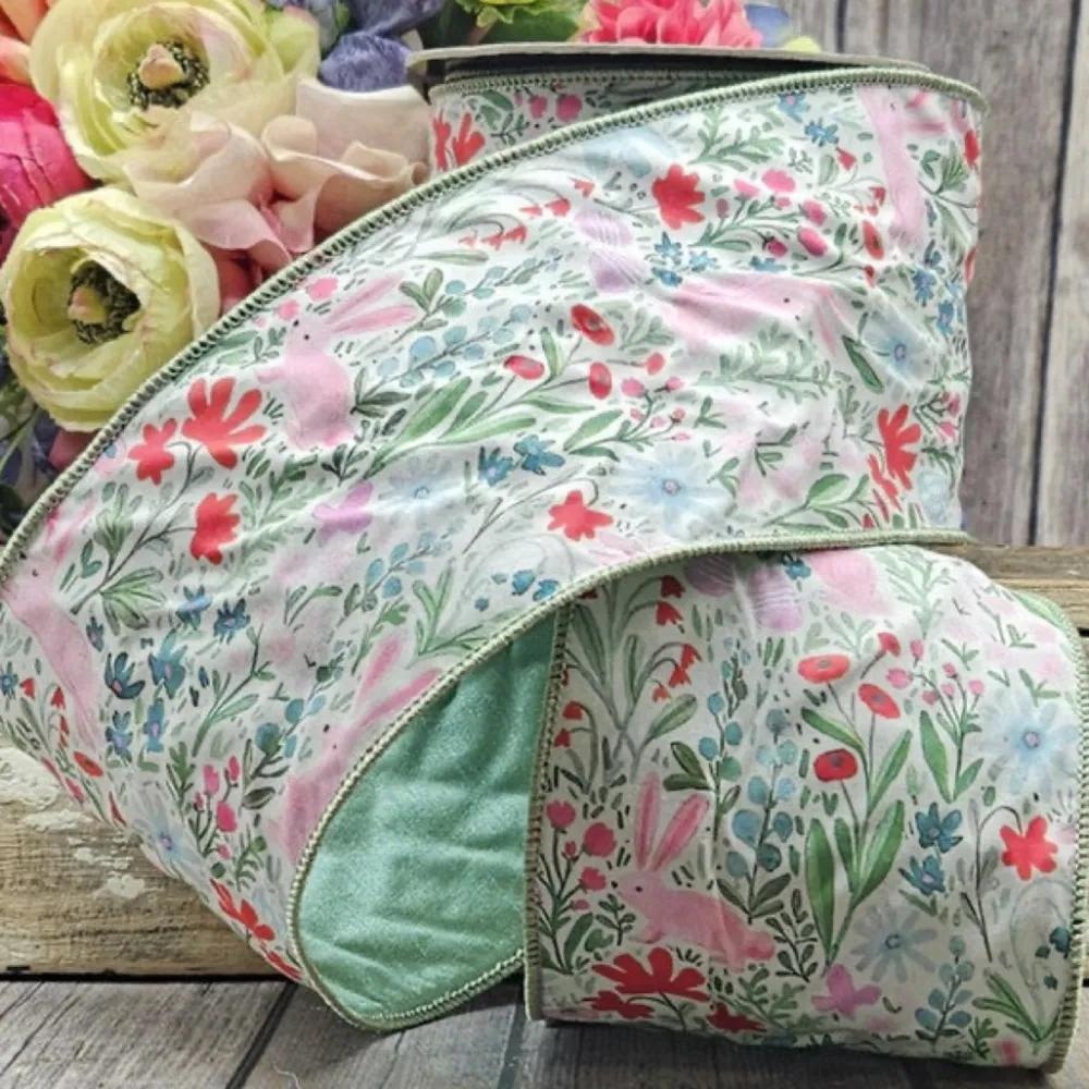D. Stevens Watercolor Floral Bunny Ribbon, 4“x 10YD