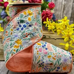 D. Stevens Watercolor Floral Bunny Ribbon, 4’’ X 10YD