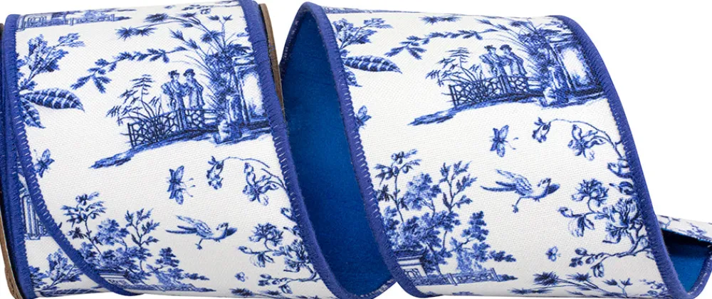 Reliant Ribbon White and Blue Asian Vista Chinoiserie Ribbon, 4" X 5YD