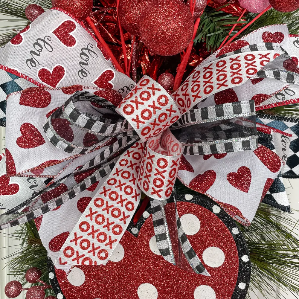 Reliant Ribbon White and Red Glitter Hearts - 2.5"X10YD